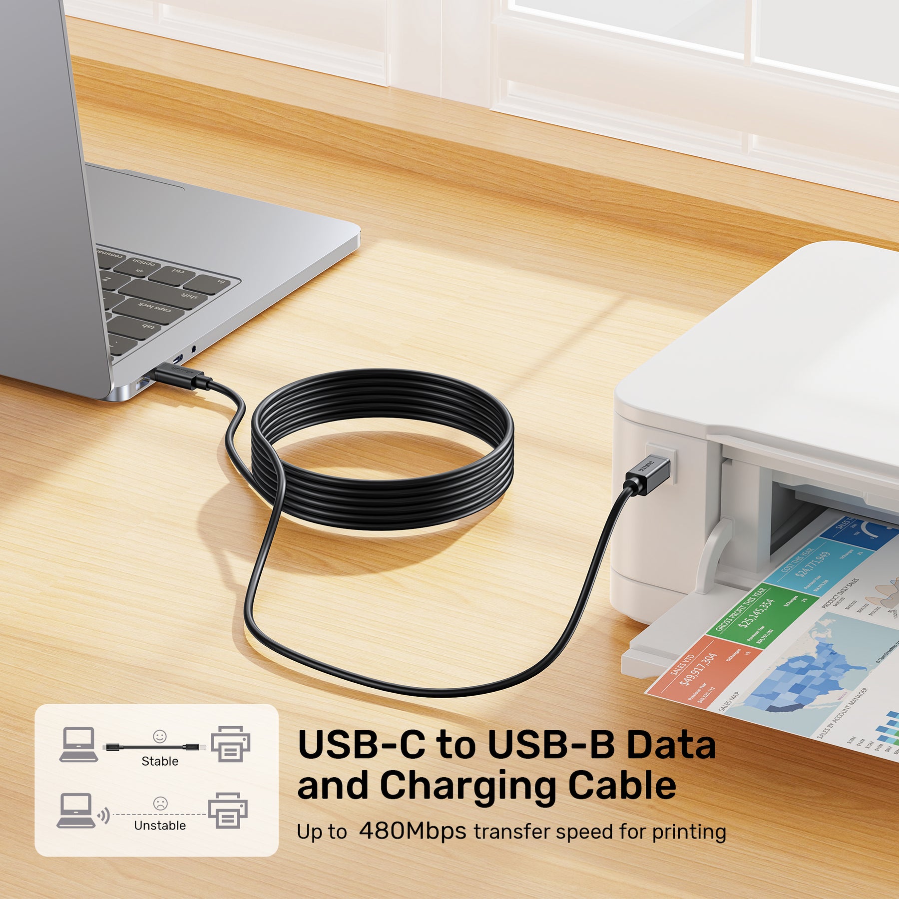 USB-C to USB-B Data and Charging Cable