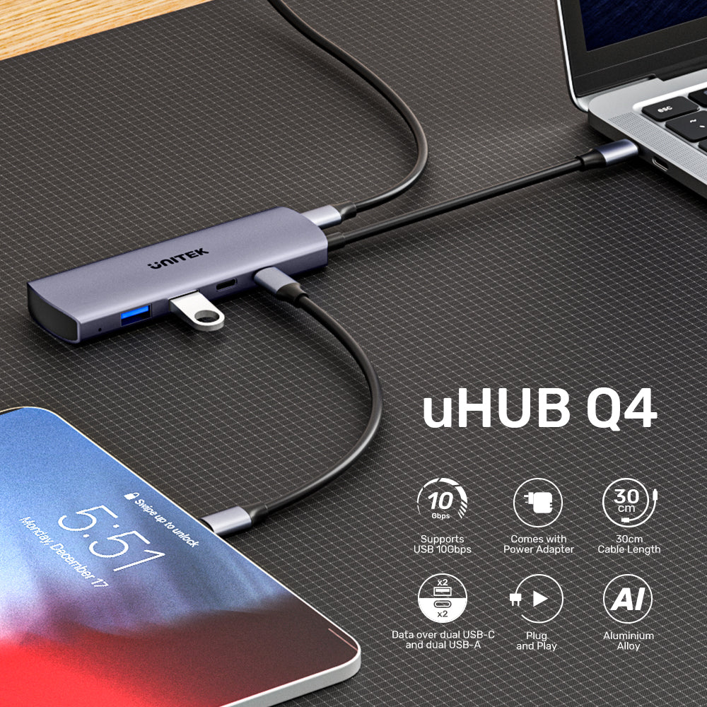 uHUB Q4 4合1 10Gbps USB-C 集線器連2個USB-A和2個USB-C端口