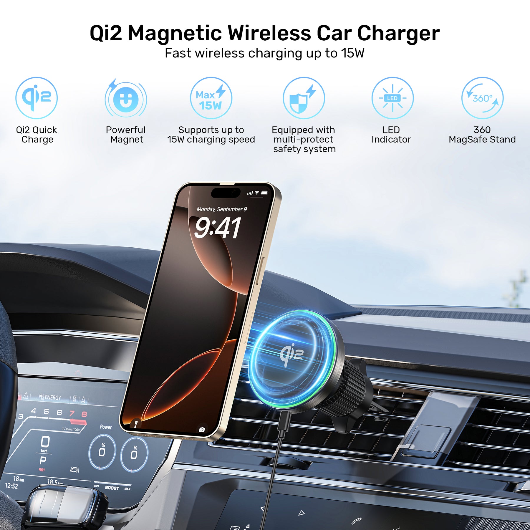Qi2 磁性無線車用充電器