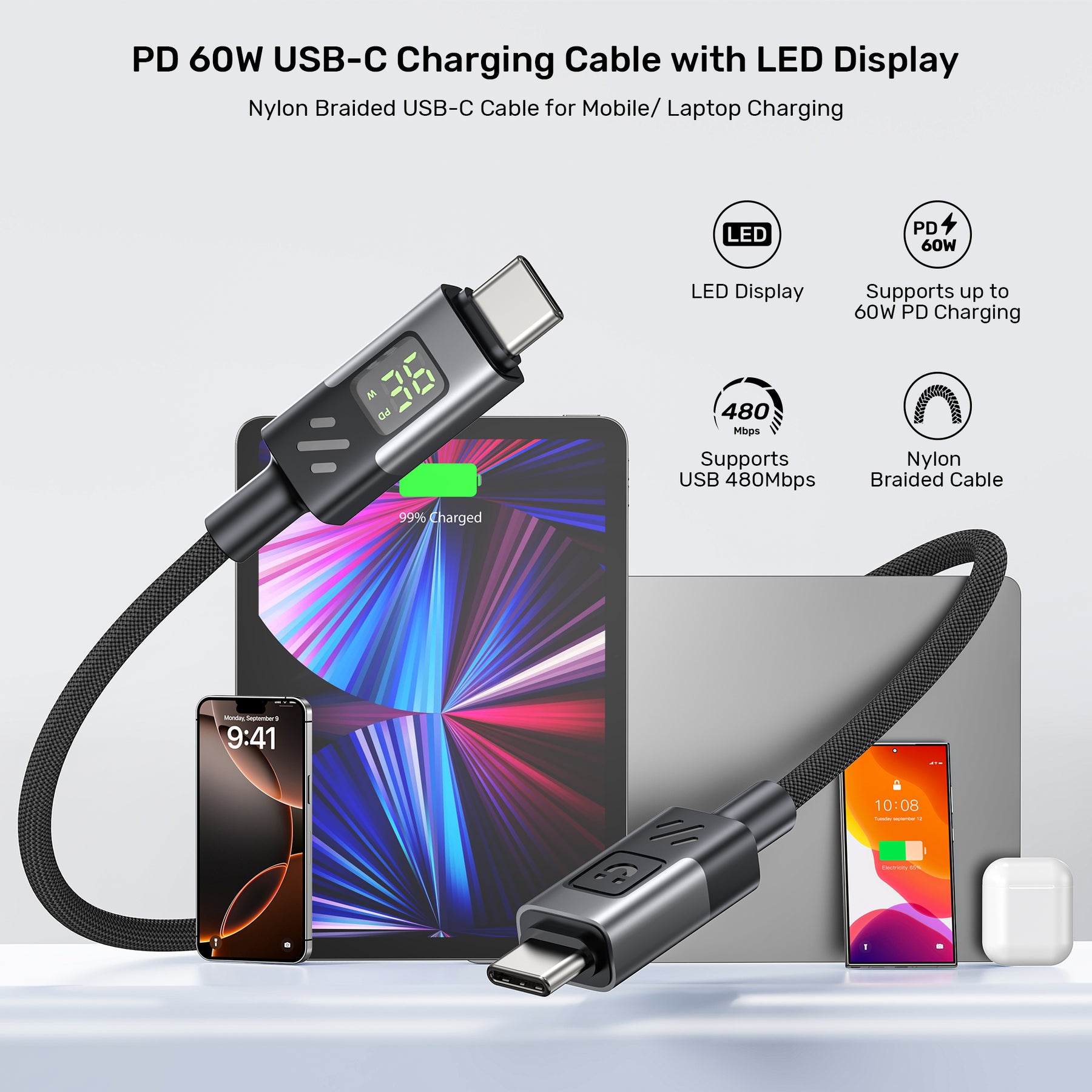 PD 60W USB-C Charging Cable with LED Display