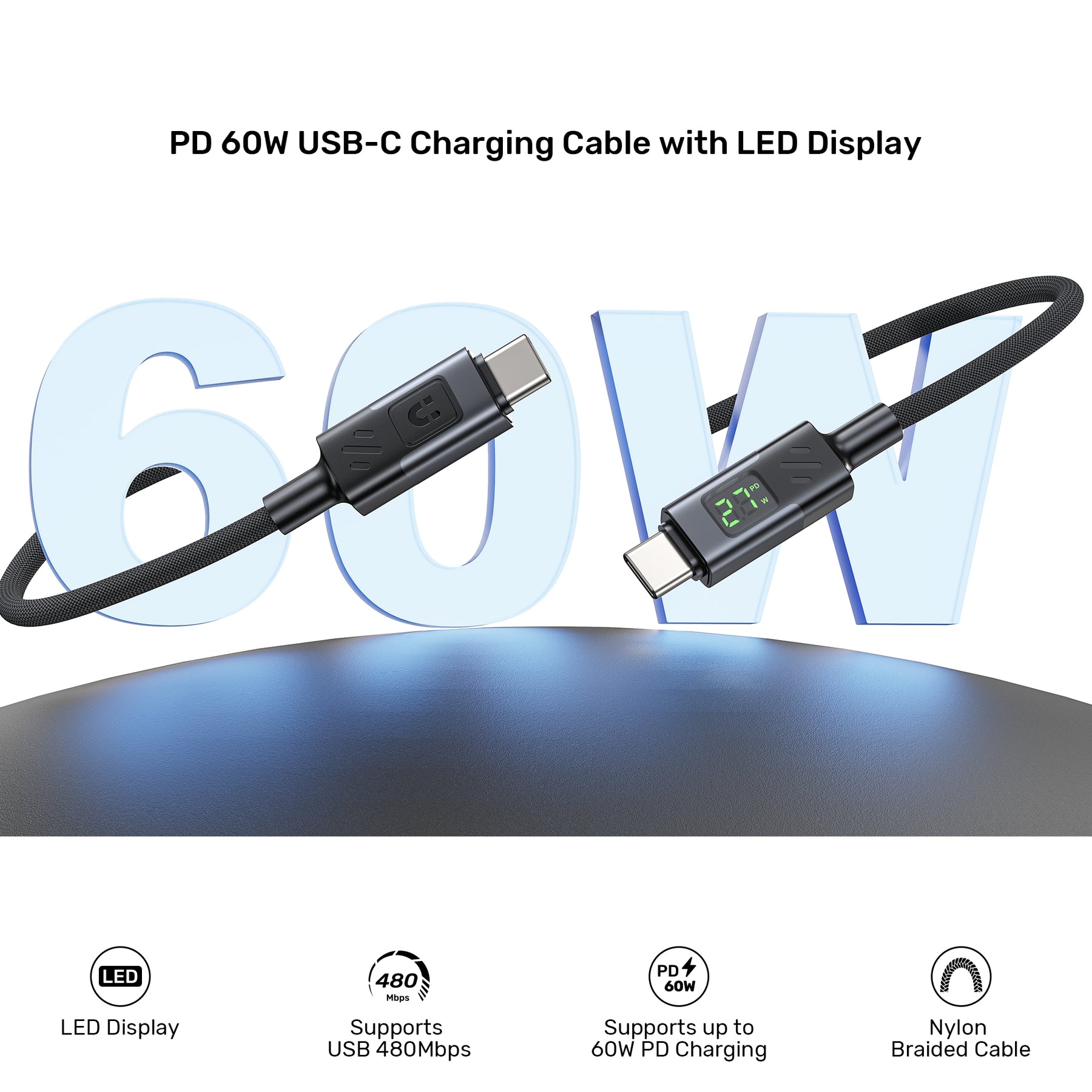 PD 60W USB-C Charging Cable with LED Display