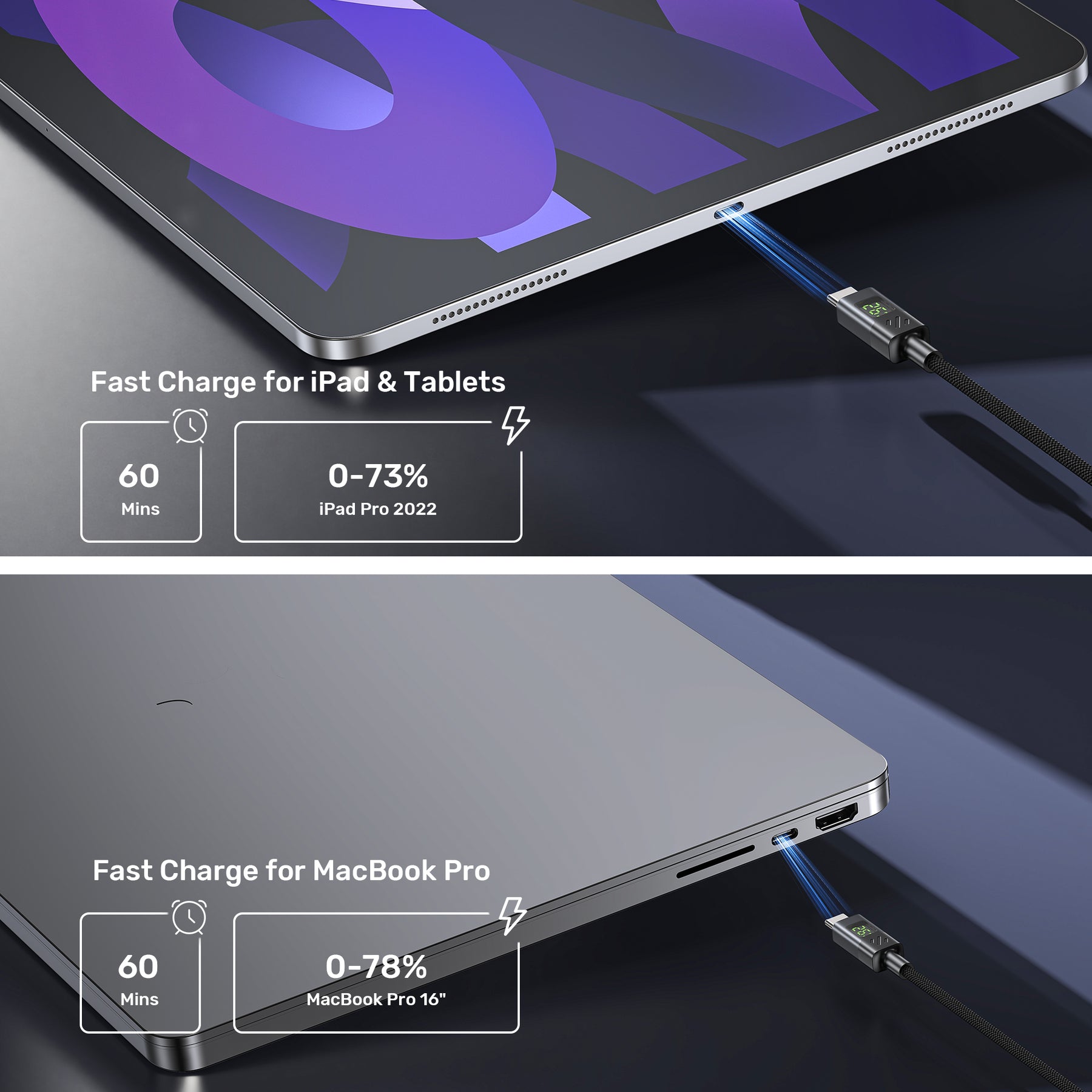 PD 60W USB-C Charging Cable with LED Display