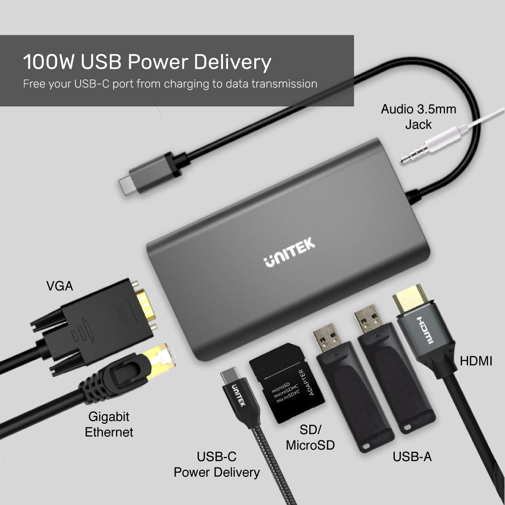 uHUB O8+ 8-in-1 USB-C Ethernet Hub with Dual Monitor, 100W Power Delivery and Card Reader