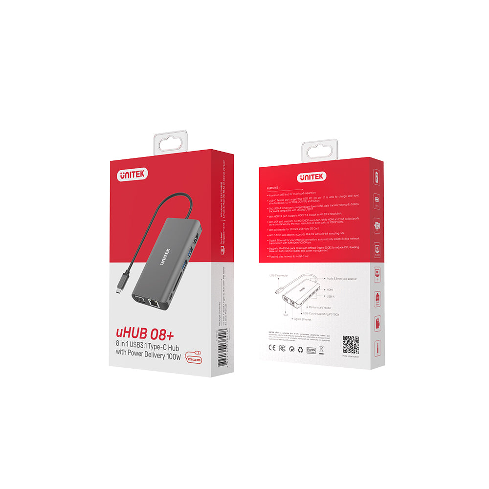 uHUB O8+ 8-in-1 USB-C Ethernet Hub with Dual Monitor, 100W Power Delivery and Card Reader