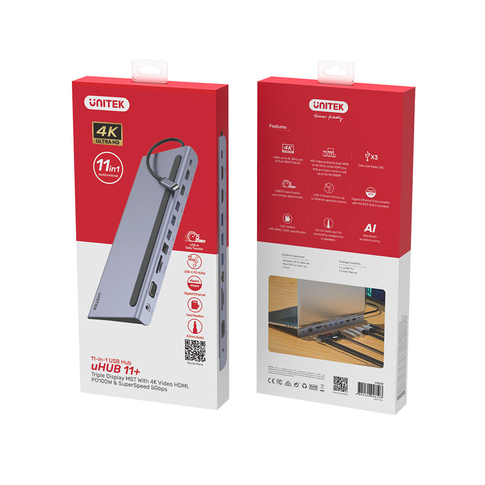 uHUB 11+ 11 合 1 多媒體 USB-C Hub (雙HDMI、MST 多螢幕獨立擴展 和 USB-PD 100W)