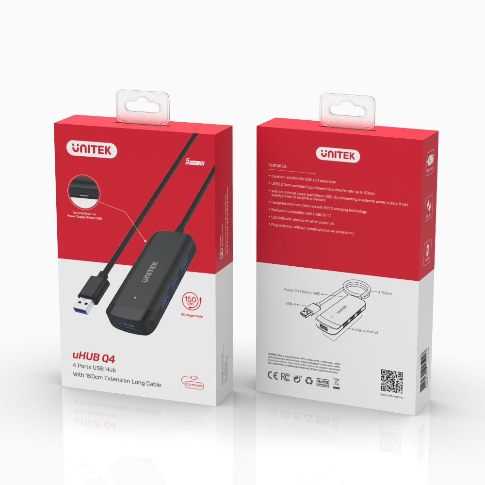 uHUB Q4 4 Ports Powered USB 3.0 Hub with 150cm Long Cable