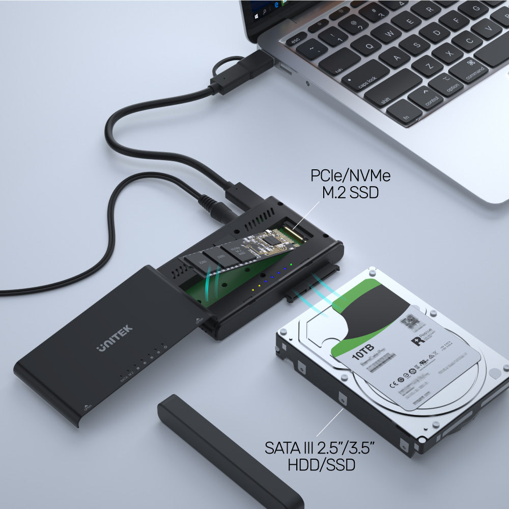 SolidForce+ USB-C to PCIe/NVMe M.2 Enclosure plus SATA III Adapter