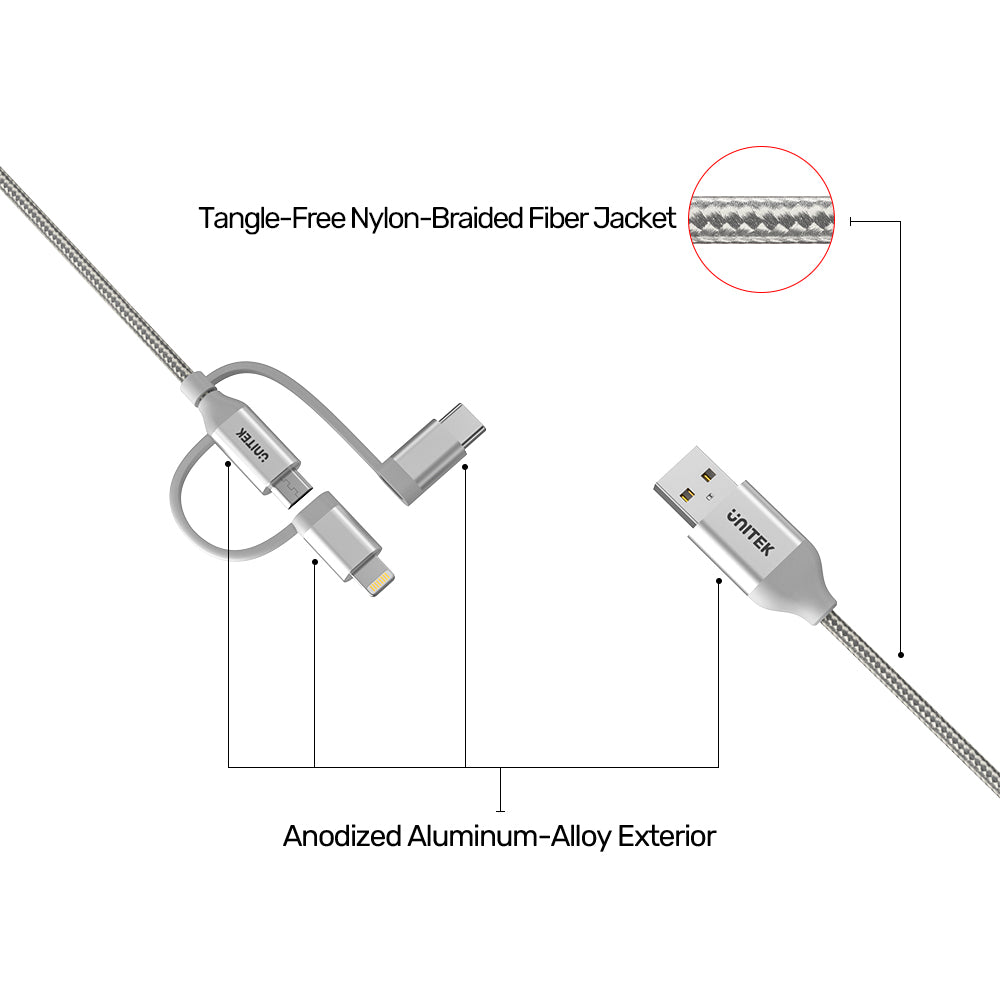 3-in-1 USB 2.0 to Micro USB Multi Charging Cable with USB-C/ Lightning Adapter