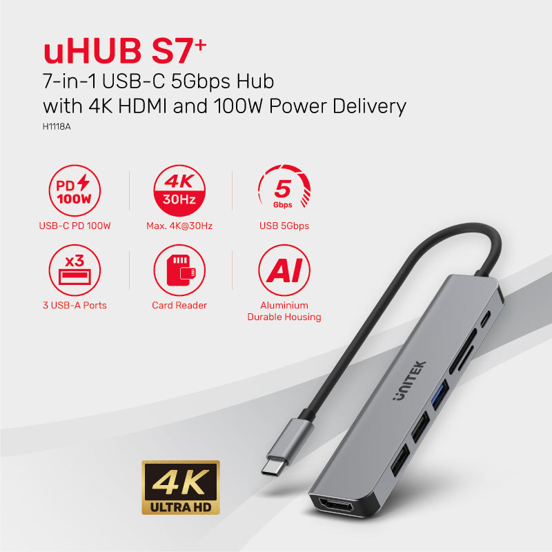 uHUB S7+ 7 合 1 超纖薄多媒體 USB-C Hub (支援5Gbps、4K HDMI 和 USB-PD 100W)