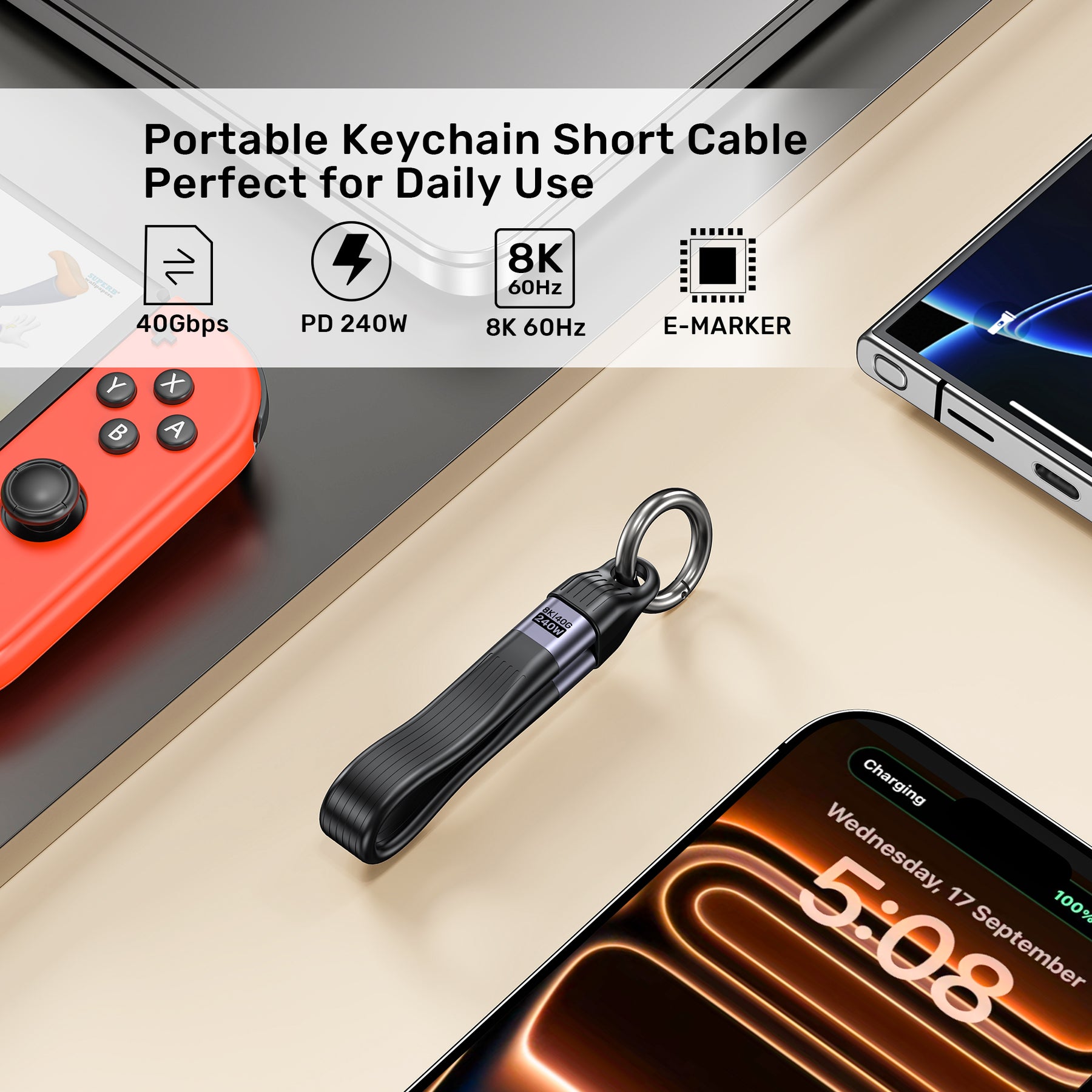 全功能 USB4 鑰匙扣型充電線 (240W快速充電)