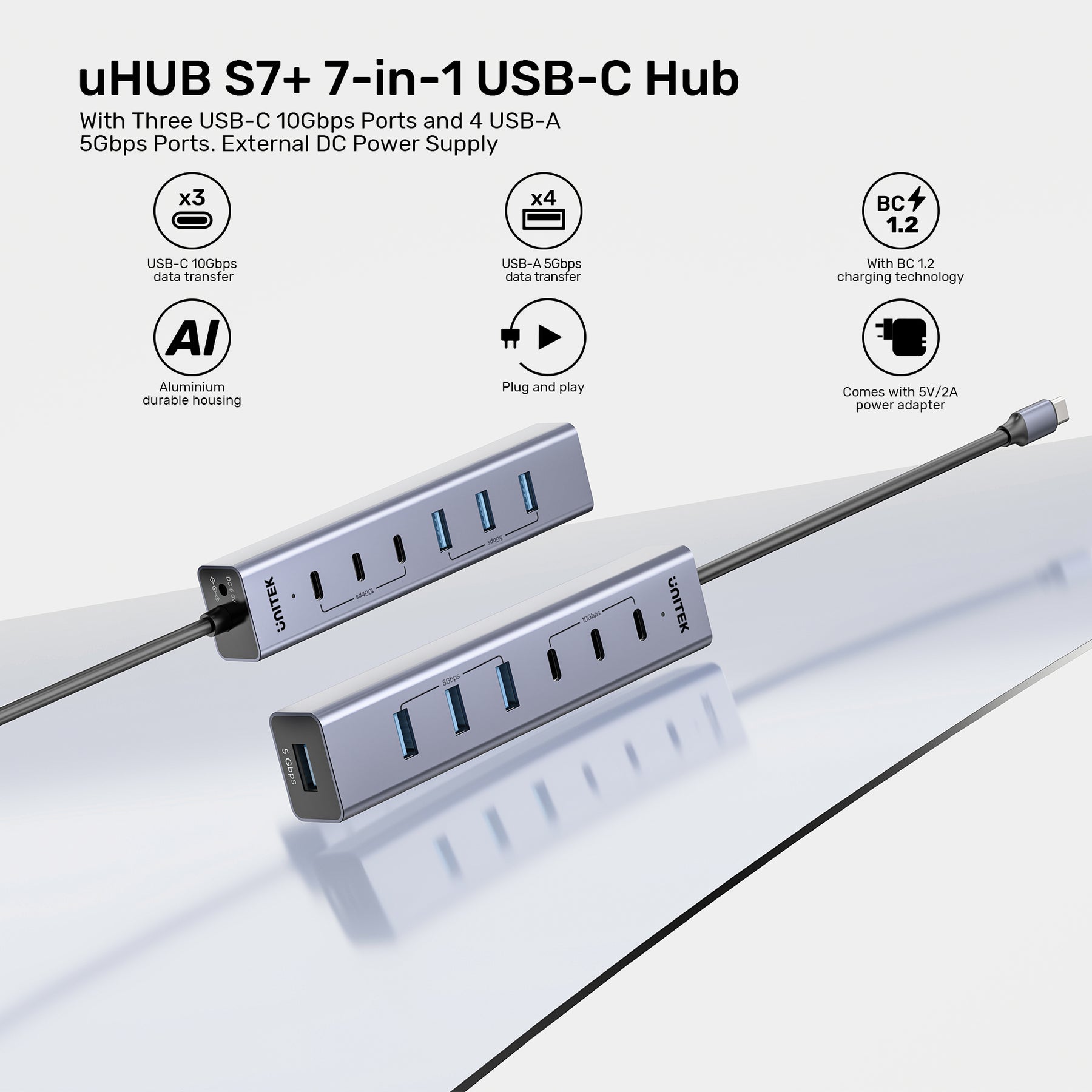 uHUB S7+ 7合1 USB-C 集線器 連三個 USB-C 10Gbps 口和 4 個 USB-A 5Gbps 口