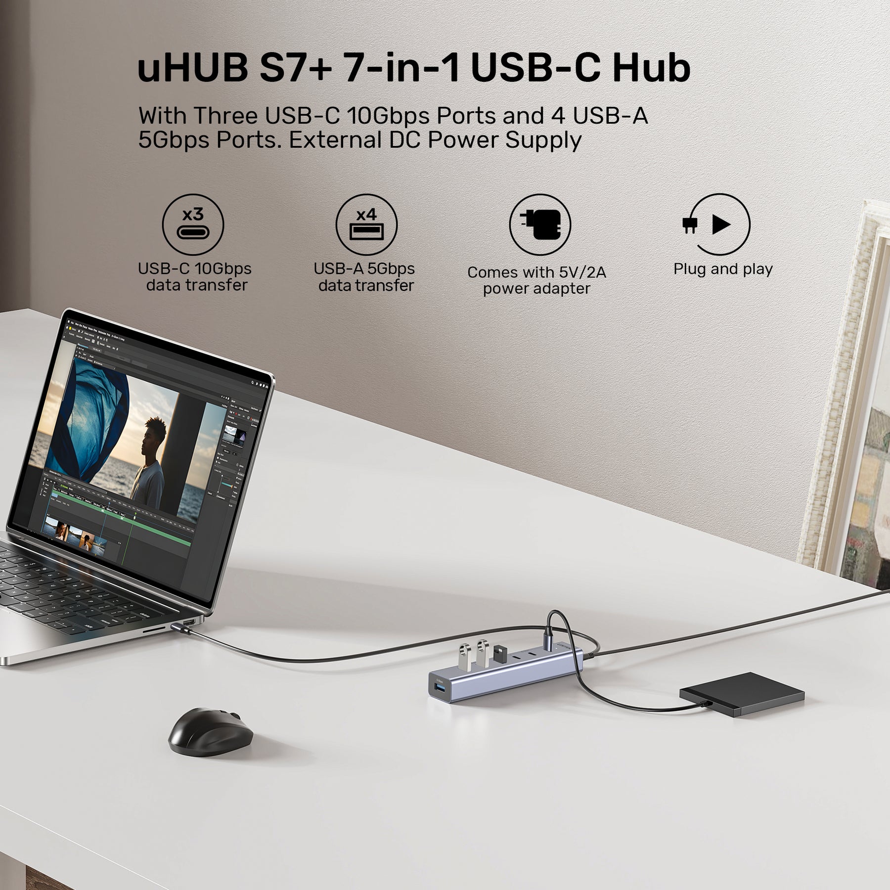 uHUB S7+ 7合1 USB-C 集線器 連三個 USB-C 10Gbps 口和 4 個 USB-A 5Gbps 口