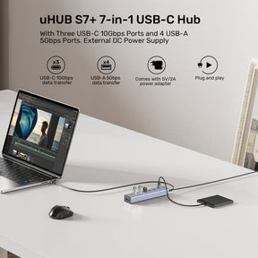 uHUB S7+ 7合1 USB-C 集線器 連三個 USB-C 10Gbps 口和 4 個 USB-A 5Gbps 口