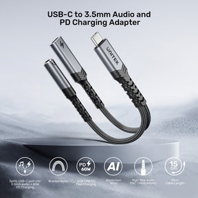 USB-C to 3.5mm Audio and PD Charging Adapter
