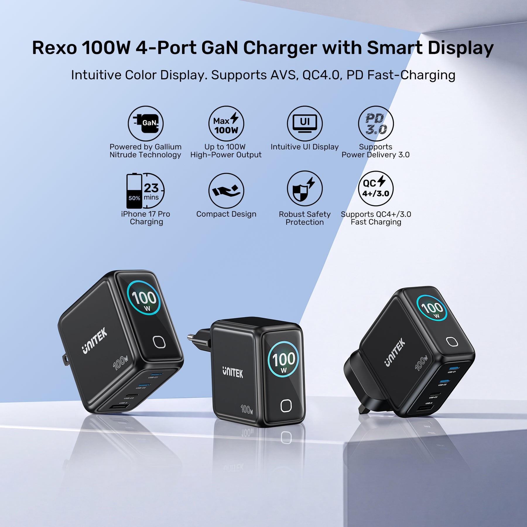 Rexo 100W 4 端口智能顯示 GaN 充電器