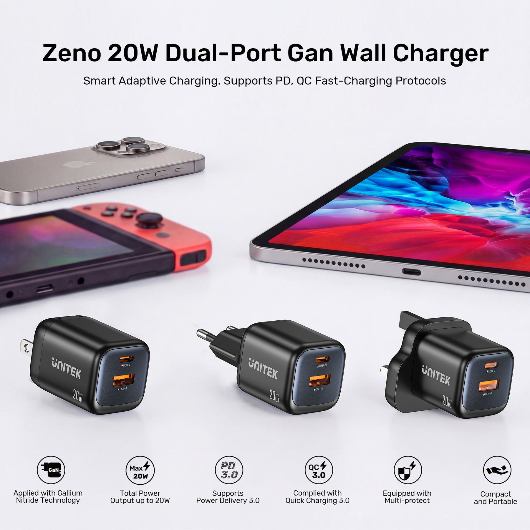 Zeno 20W 雙埠 GaN 牆壁充電器 （USB-A & USB-C）