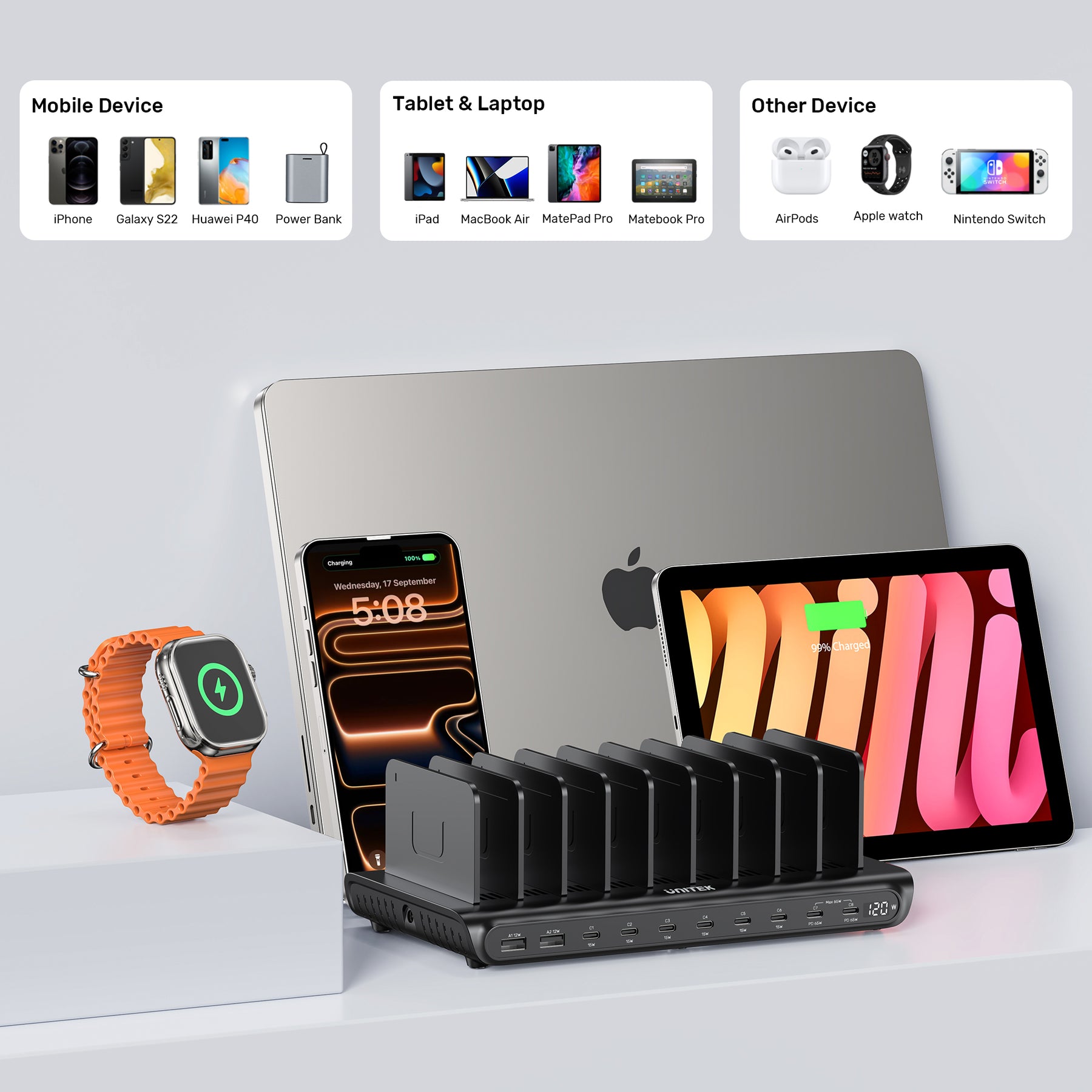 uCharge 120W 10 端口 USB 智能充電站