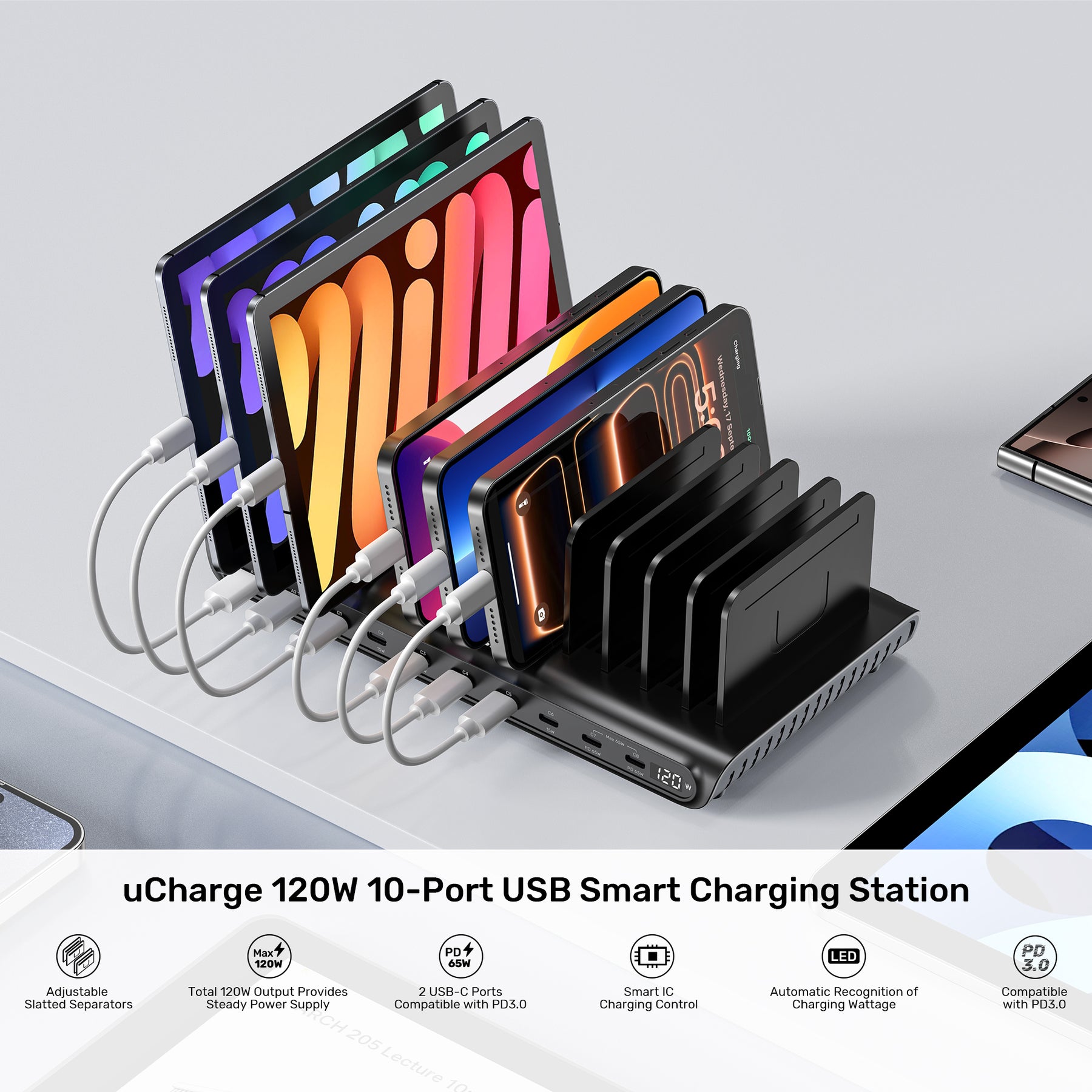 uCharge 120W 10 端口 USB 智能充電站