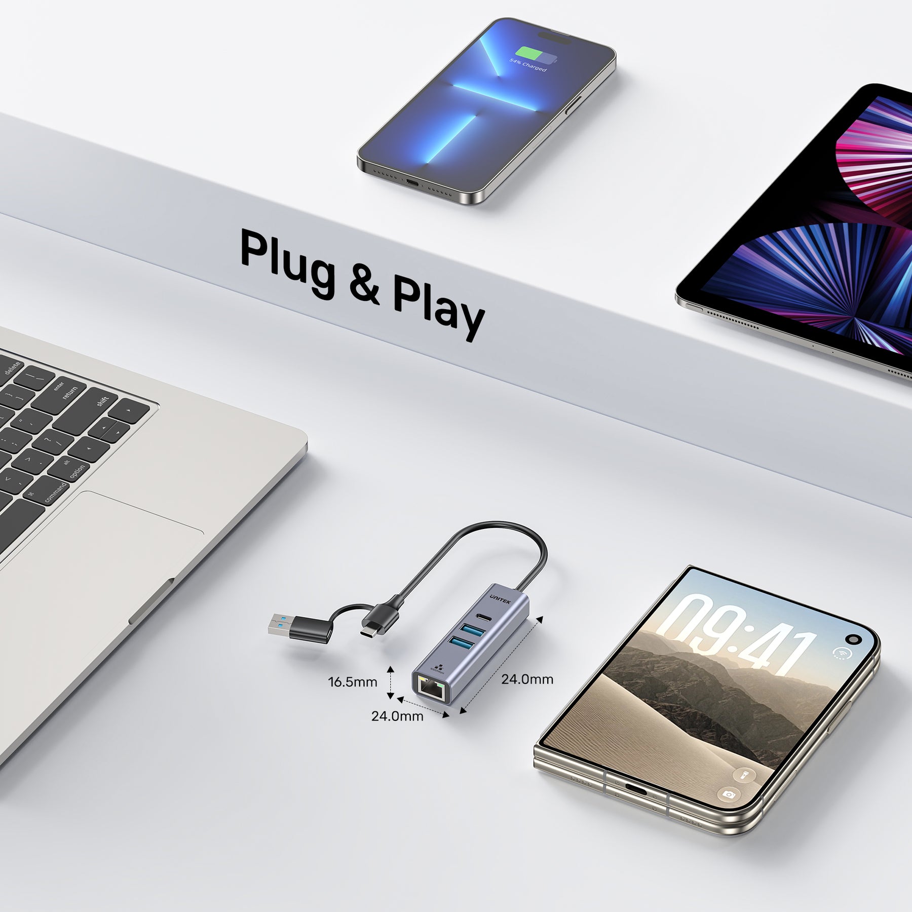 uHUB Q4+ Ethernet Hub (2x USB-A, 1x USB-C Port)