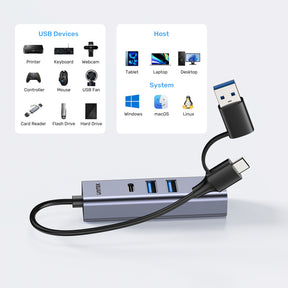 uHUB Q4+ Ethernet Hub (2x USB-A, 1x USB-C Port)