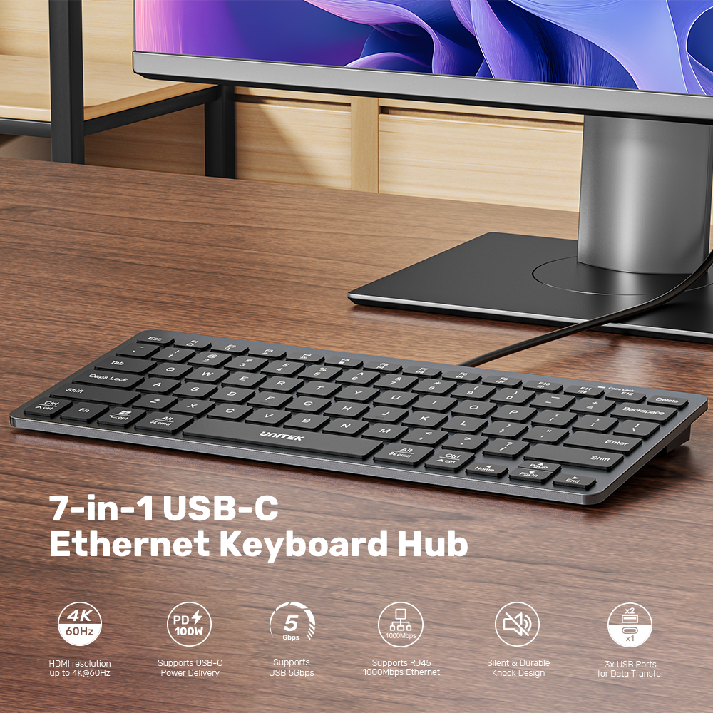 七合一 USB-C 乙太網絡鍵盤集線器