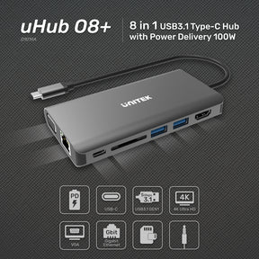 uHUB O8+ 8 合 1 多媒體 USB-C Hub (支援4K HDMI 和 USB-PD 100W)