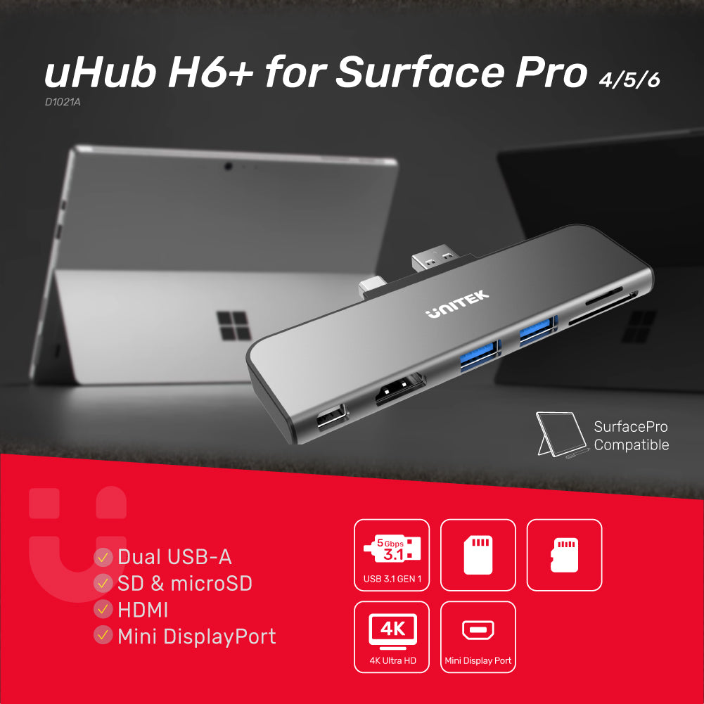 uHUB H6+ 6-in-2 USB 3.0 Hub for Surface Pro with Dual Monitor and Dual Card Reader