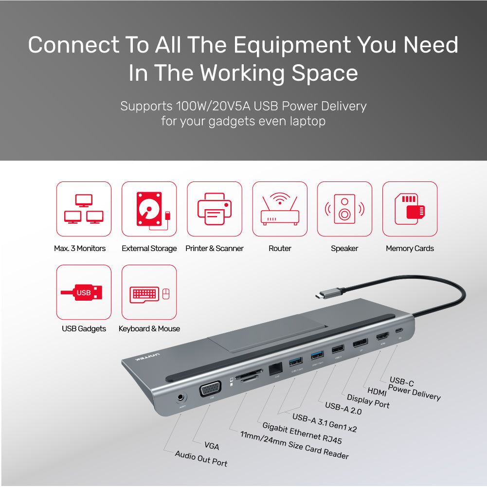 uHUB 11+ 11-in-1 USB-C Ethernet Hub with MST Triple Monitor, 100W Power Delivery and Dual Card Reader