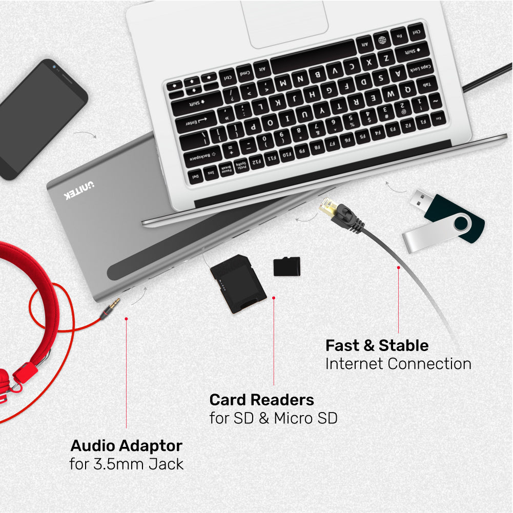 uHUB 11+ 11-in-1 USB-C Ethernet Hub with MST Triple Monitor, 100W Power Delivery and Dual Card Reader