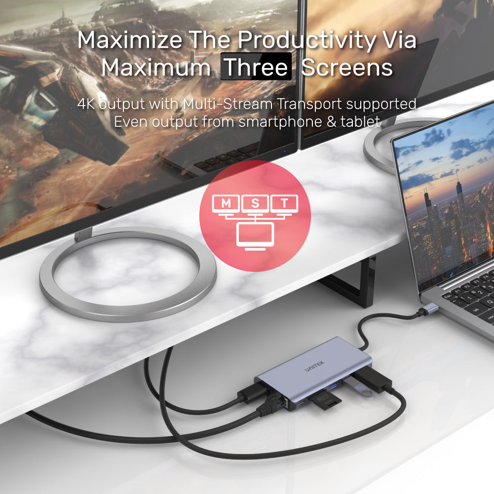 uHUB S7+ 7-in-1 USB-C Ethernet Hub with MST Dual Monitor, 100W Power Delivery and Card Reader