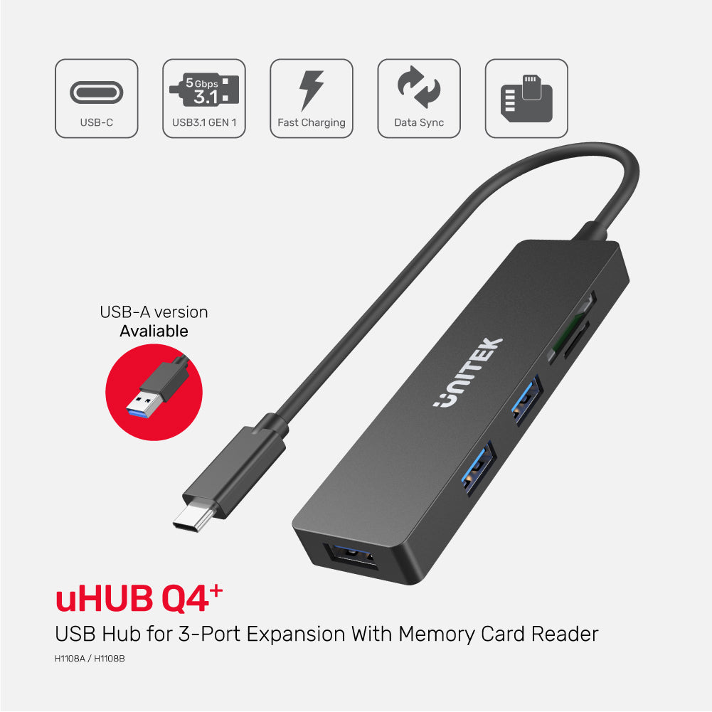 uHUB Q4+ 5-in-1 USB 3.0 Hub with Dual Card Reader