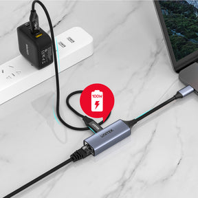 2 合 1 USB-C 轉千兆位乙太網轉接器 (配有USB-C PD 快速充電接口)